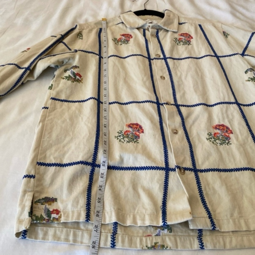 Urban Outfitters Flannel Cream Checkered Shirt with Embroidered Mushrooms - Picture 3 of 11